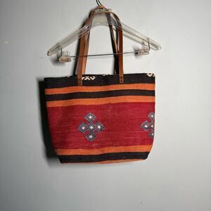 Woven Kilim rug tapestry tote bag leather straps Turkish western Aztec medium si